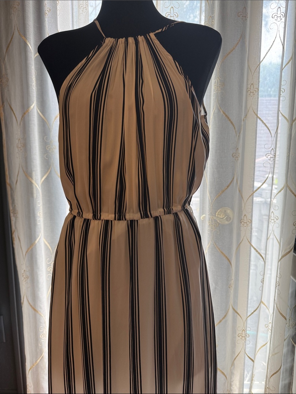 Ann Taylor Cream and Black Striped Halter Maxi Dress